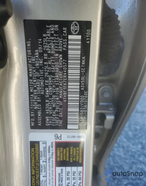 2014 Toyota Camry L from USA, damaged, VIN 4T4BF1FK7ER440577